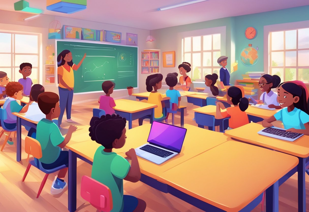 A colorful animation of students engaged in interactive learning activities, with diverse characters and educational props in a vibrant classroom setting
