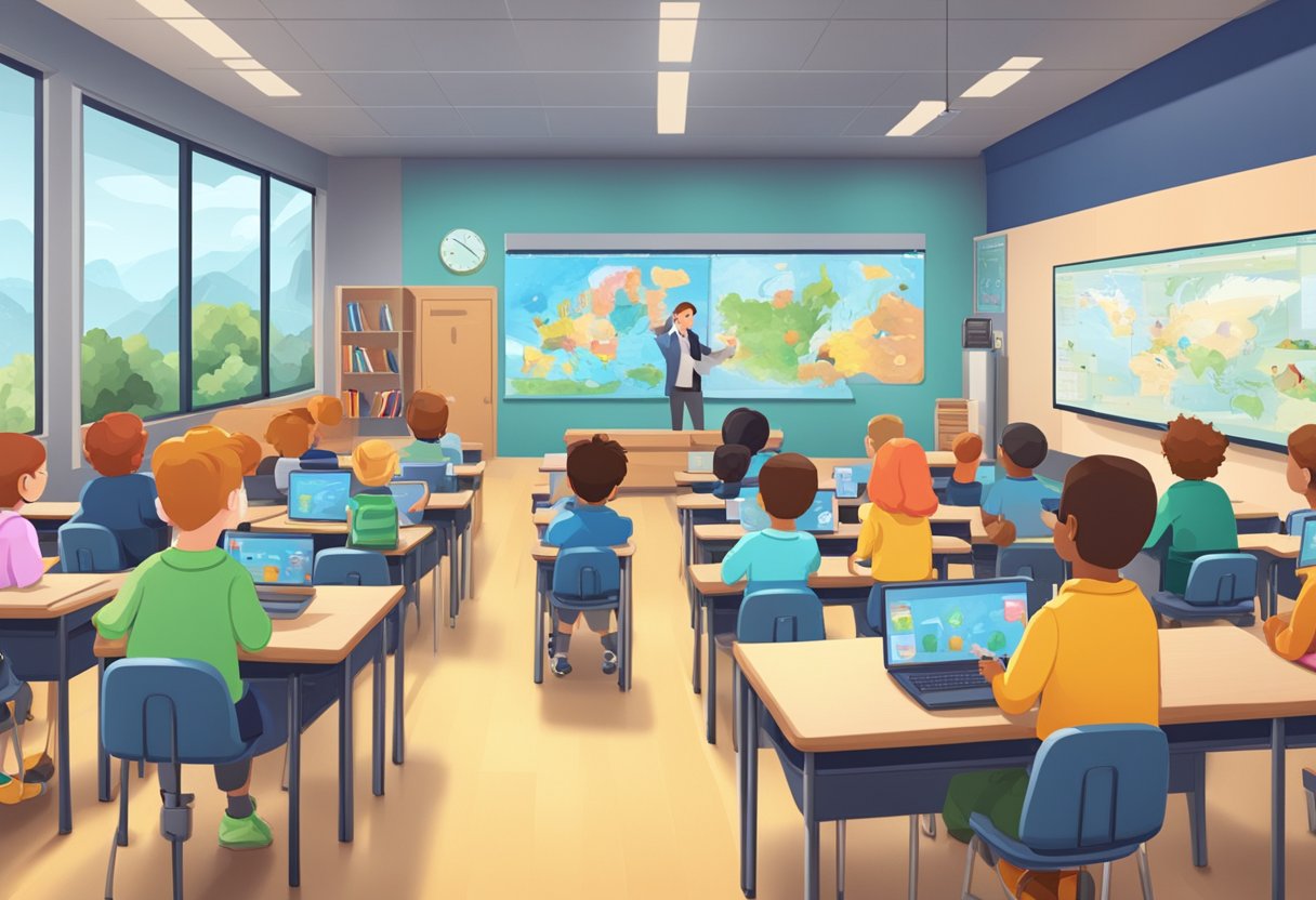 A classroom filled with animated characters learning from a digital screen