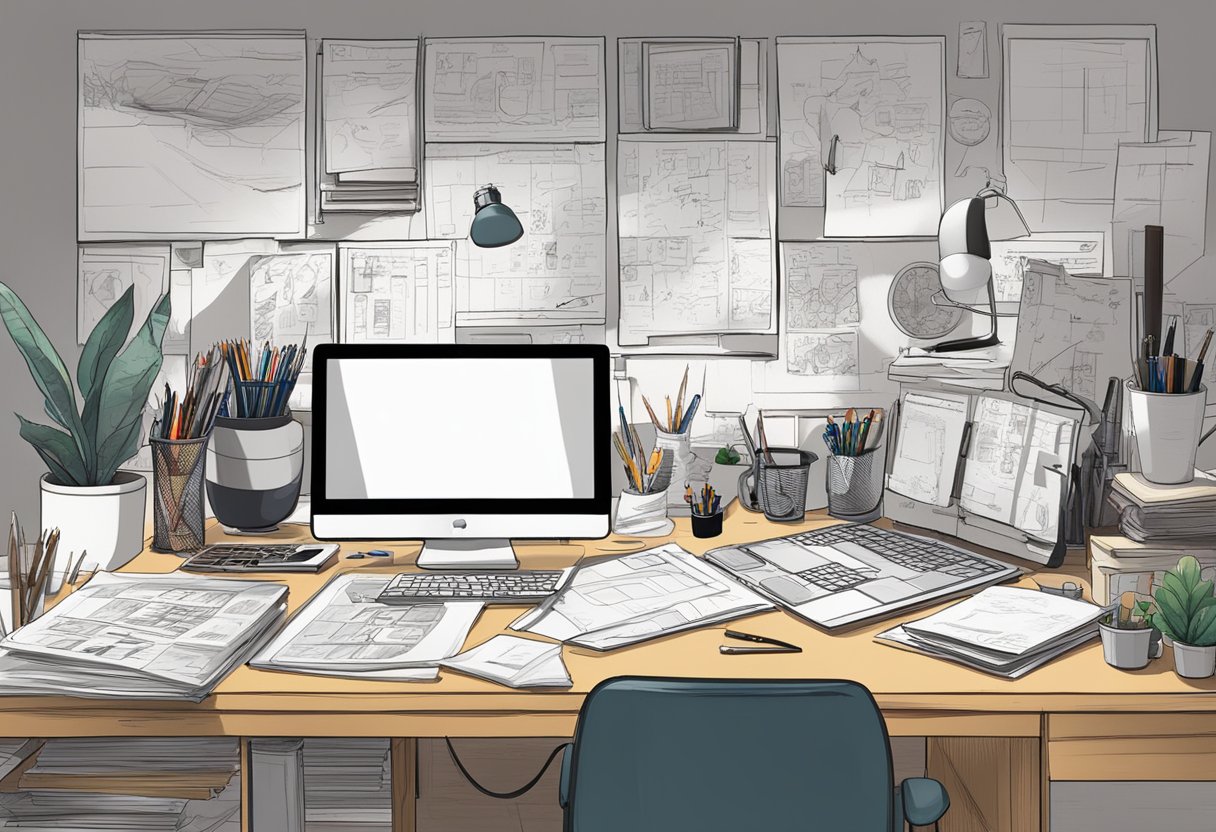 A cluttered desk with a computer, drawing tablet, and various art supplies. A storyboard and script lay nearby, surrounded by sketches and reference materials