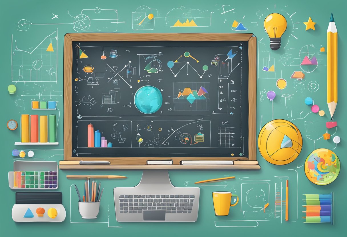 A colorful chalkboard with animated diagrams and illustrations, surrounded by floating educational symbols and icons