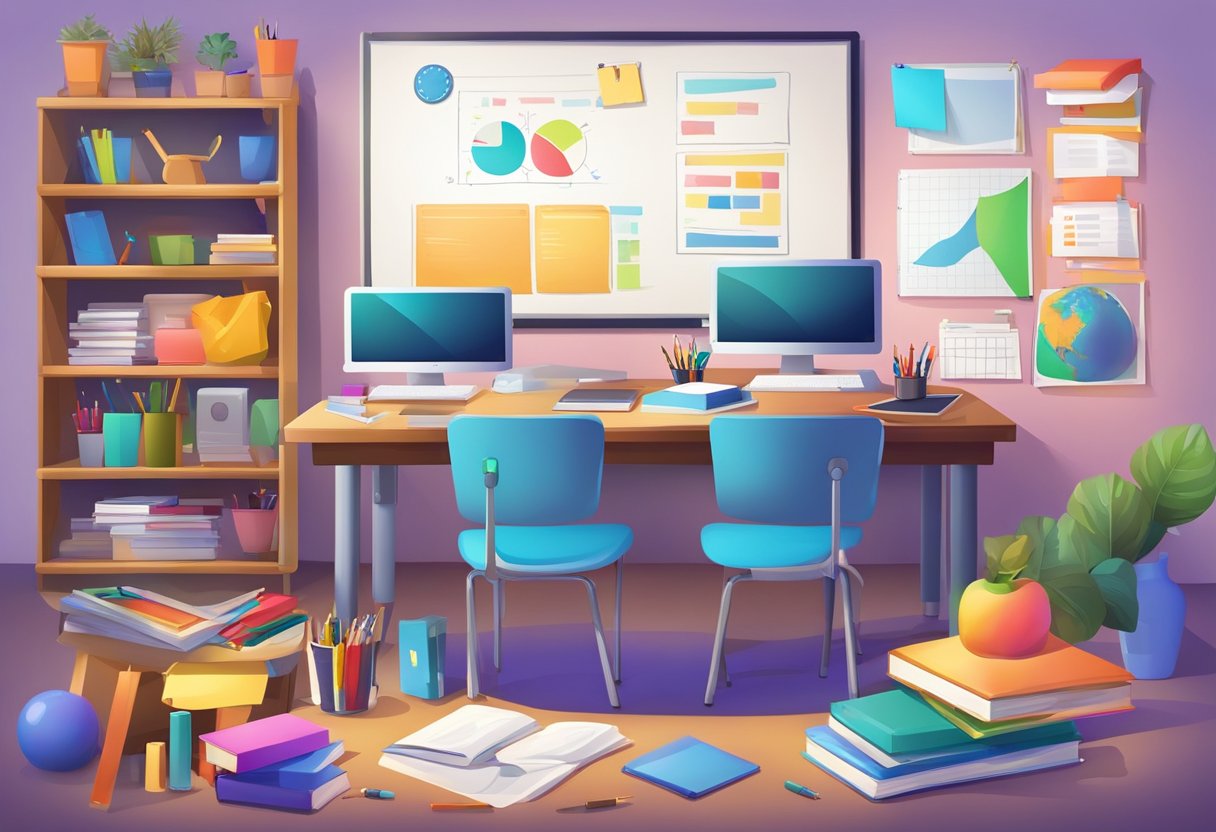 A colorful classroom setting with a whiteboard, desk, and computer, with various educational materials and tools scattered around