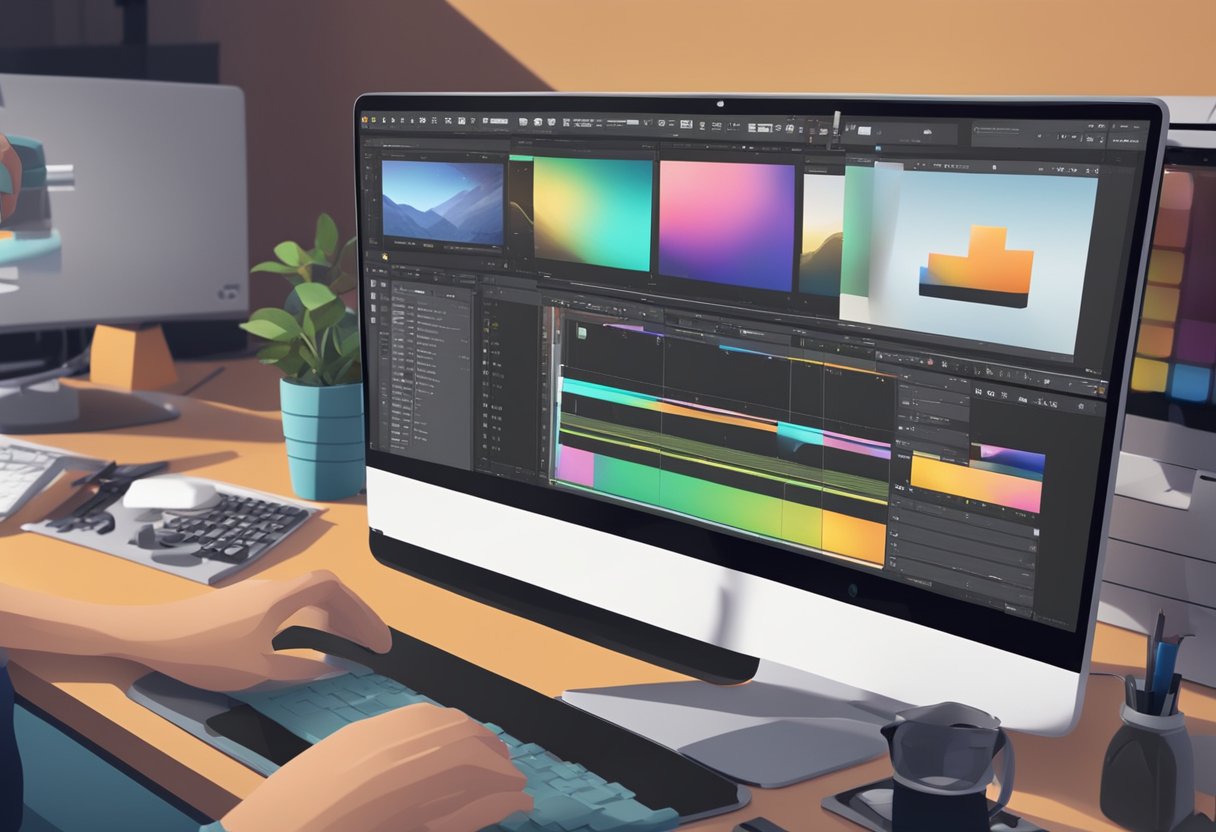 A computer screen displaying a video editing software with various tools and effects being applied to a video timeline