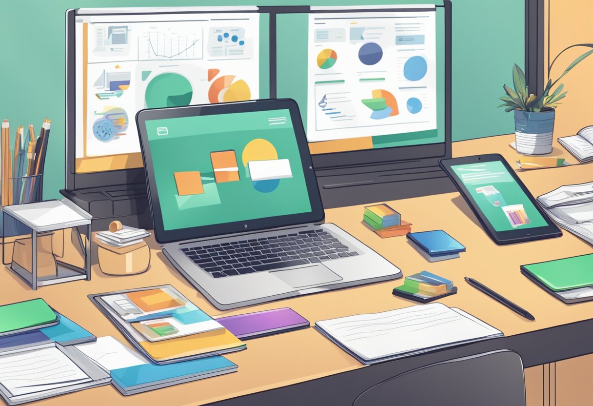 A tablet, laptop, and smartphone displaying animated tutorials, surrounded by educational materials and a teacher's desk