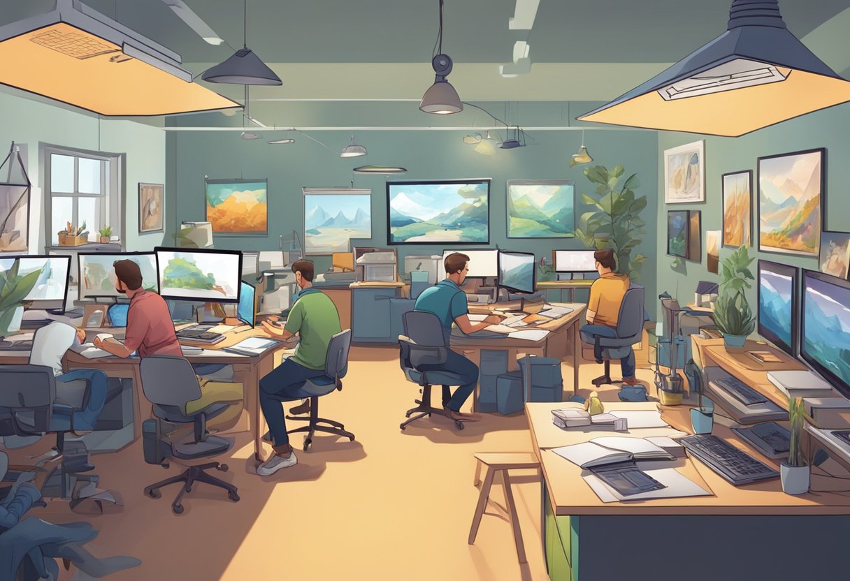 A bustling animation studio with artists creating vibrant instructional videos