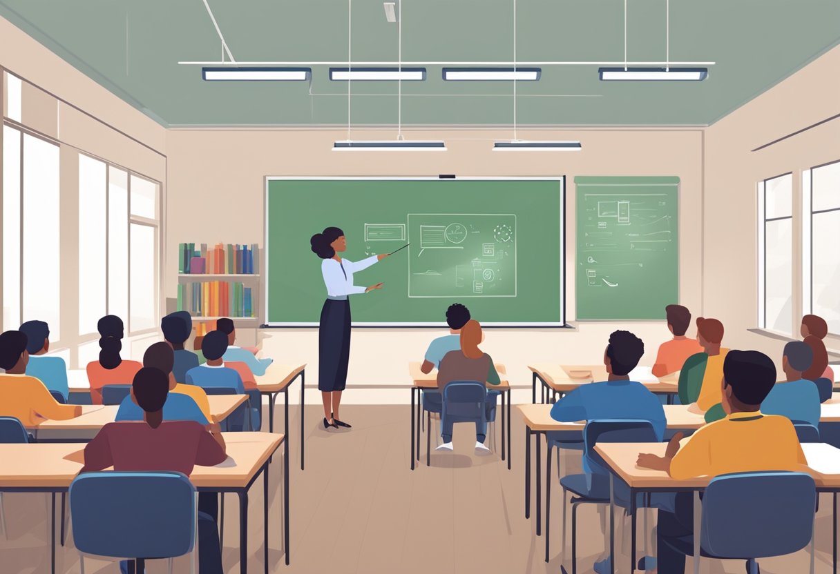 A classroom setting with a teacher presenting a tutorial on a digital screen while students watch and take notes