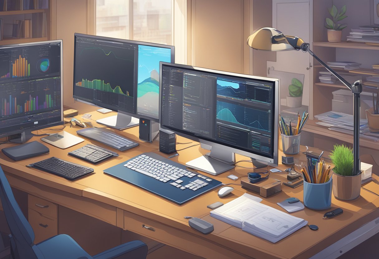 A computer with animation software open, surrounded by various technical tools and equipment, with a teacher's desk and chair in the background