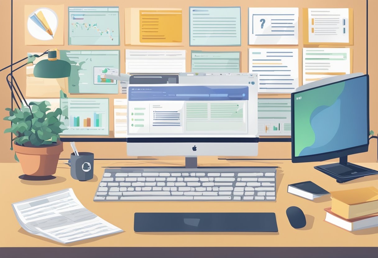 A computer screen showing a series of animated tutorials with FAQ topics, surrounded by educational materials and a teacher's desk