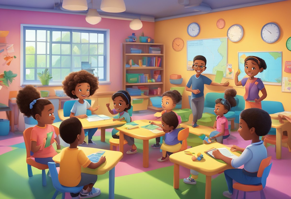 A diverse group of animated characters engage in problem-solving activities within a vibrant, interactive learning environment