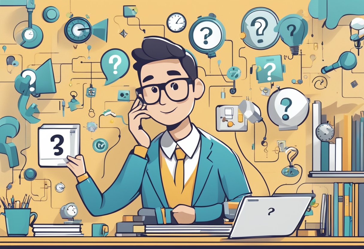 An animated character surrounded by question marks, interacting with various learning tools and resources