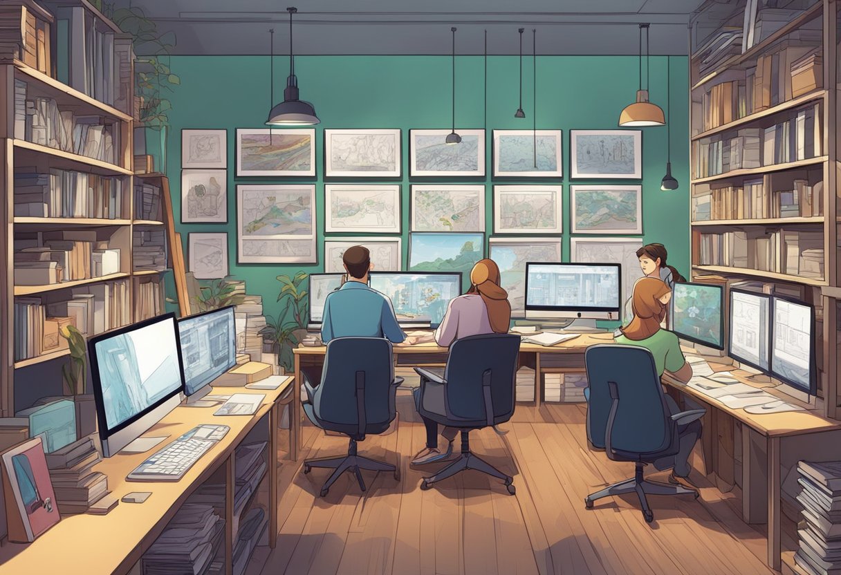 A bustling animation studio with artists at work on colorful storyboards and computer screens, surrounded by shelves of reference books and character sketches
