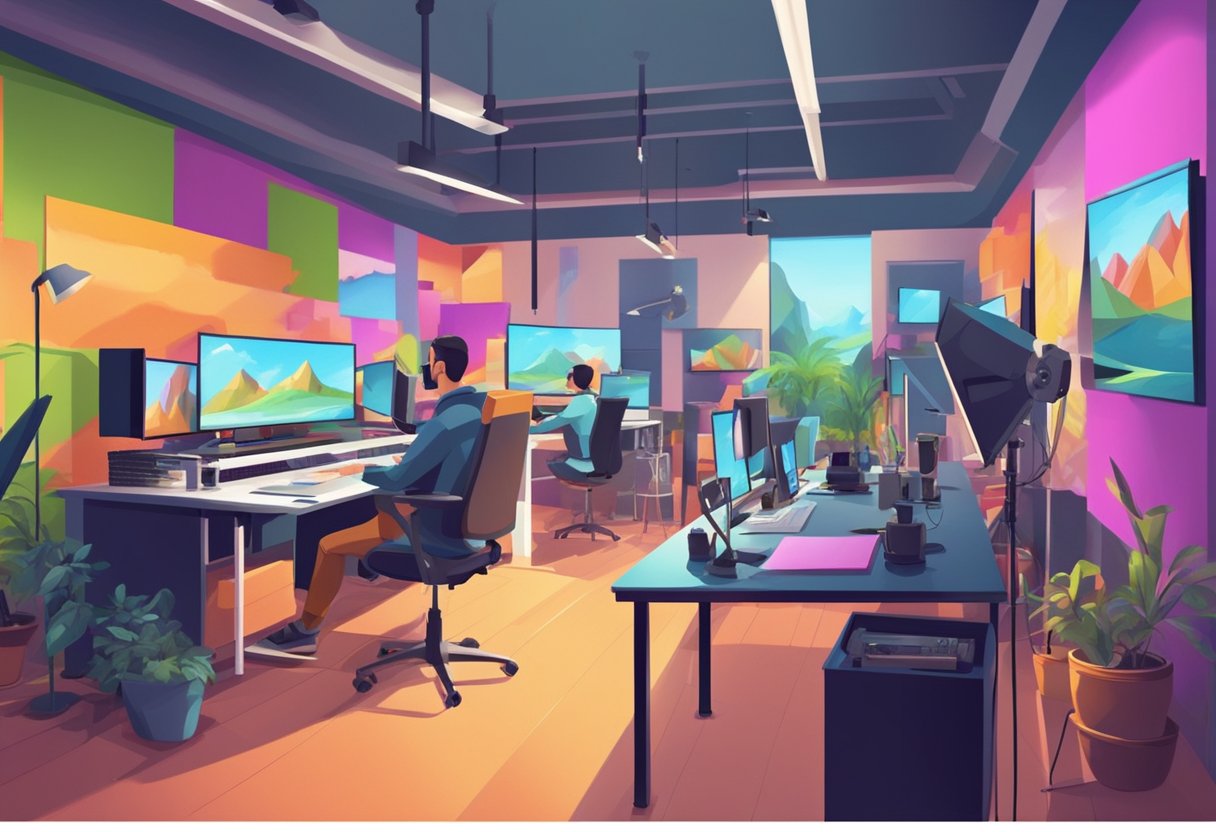 A colorful and dynamic animation studio with state-of-the-art equipment and a team of talented animators working on various projects