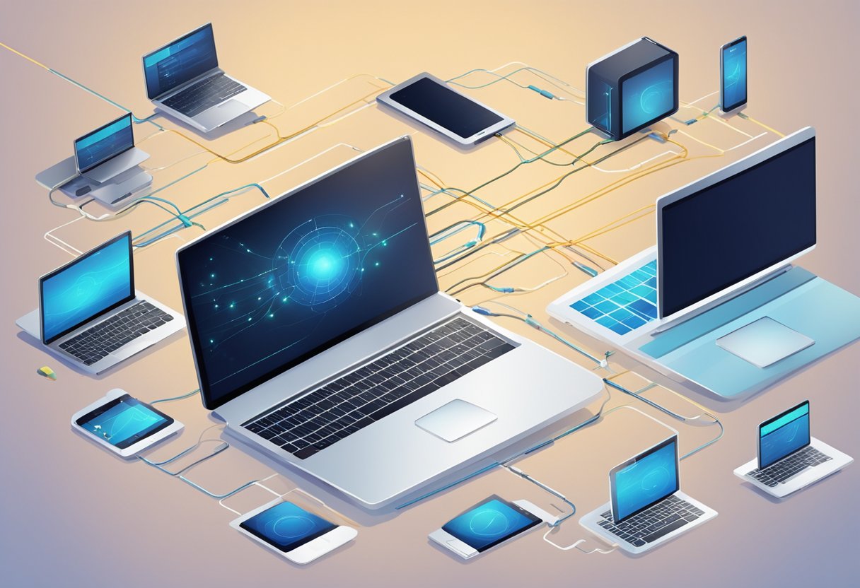A group of digital devices, including laptops, tablets, and smartphones, are connected to a central hub, with data flowing between them