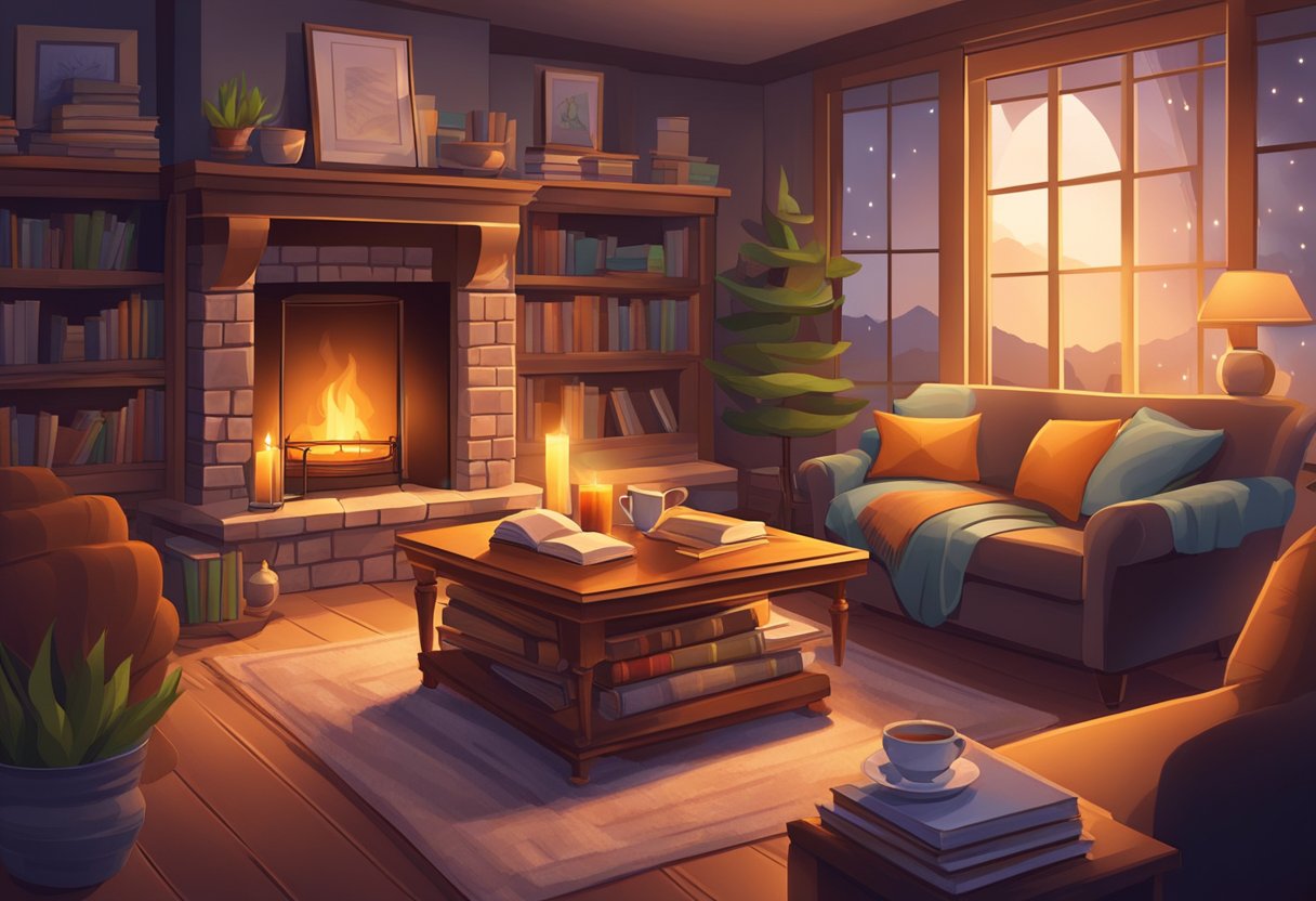 A cozy living room with a crackling fireplace, a stack of books, and a warm cup of tea, surrounded by soft, glowing candlelight