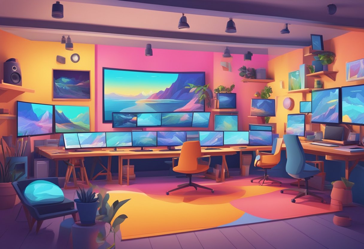 A colorful and dynamic animation studio with various screens and devices displaying different media platforms