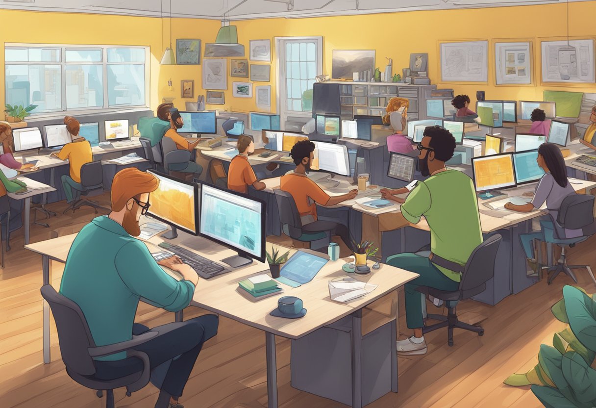 A bustling animation studio with creative teams collaborating on storyboards and character designs for a UK-based animated storytelling project