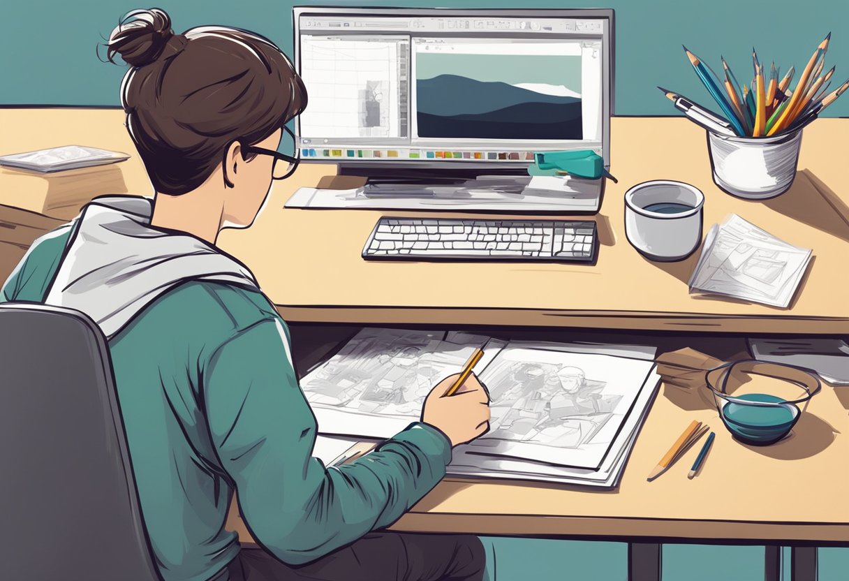 A young artist sits at a desk, sketching characters and storyboards. A computer screen shows animation software. Art supplies and reference books are scattered around the workspace