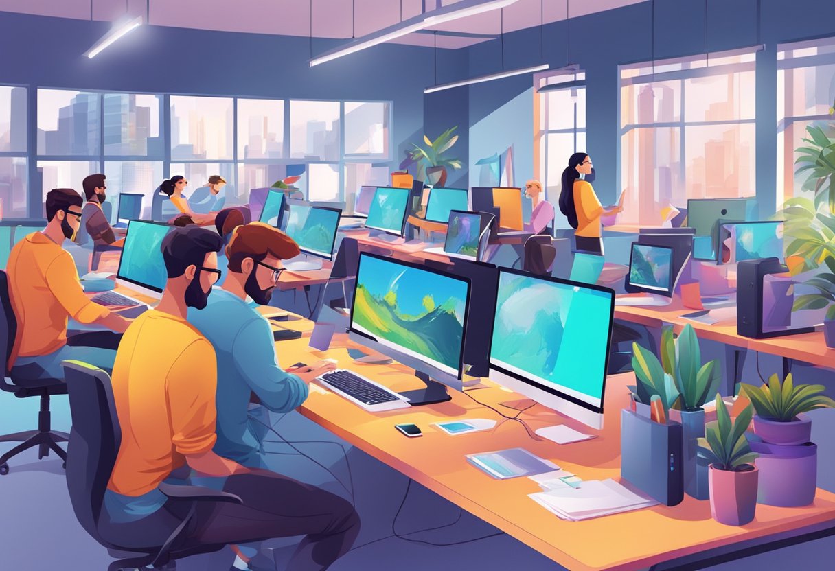 A group of animators working at their desks in a modern and vibrant studio filled with colorful drawings and computer screens