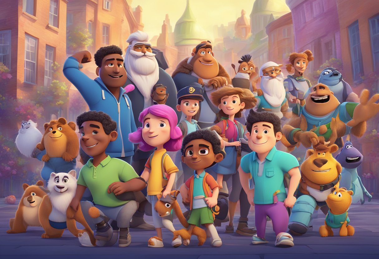 A group of animated characters from various UK animation genres and styles gather together in a vibrant and dynamic storytelling setting
