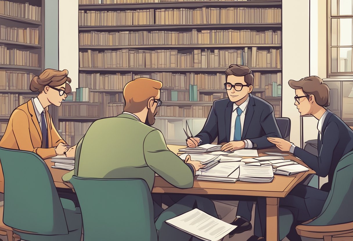 A group of animated characters engage in a discussion around a table, surrounded by books and legal documents. The characters appear thoughtful and engaged in a serious conversation