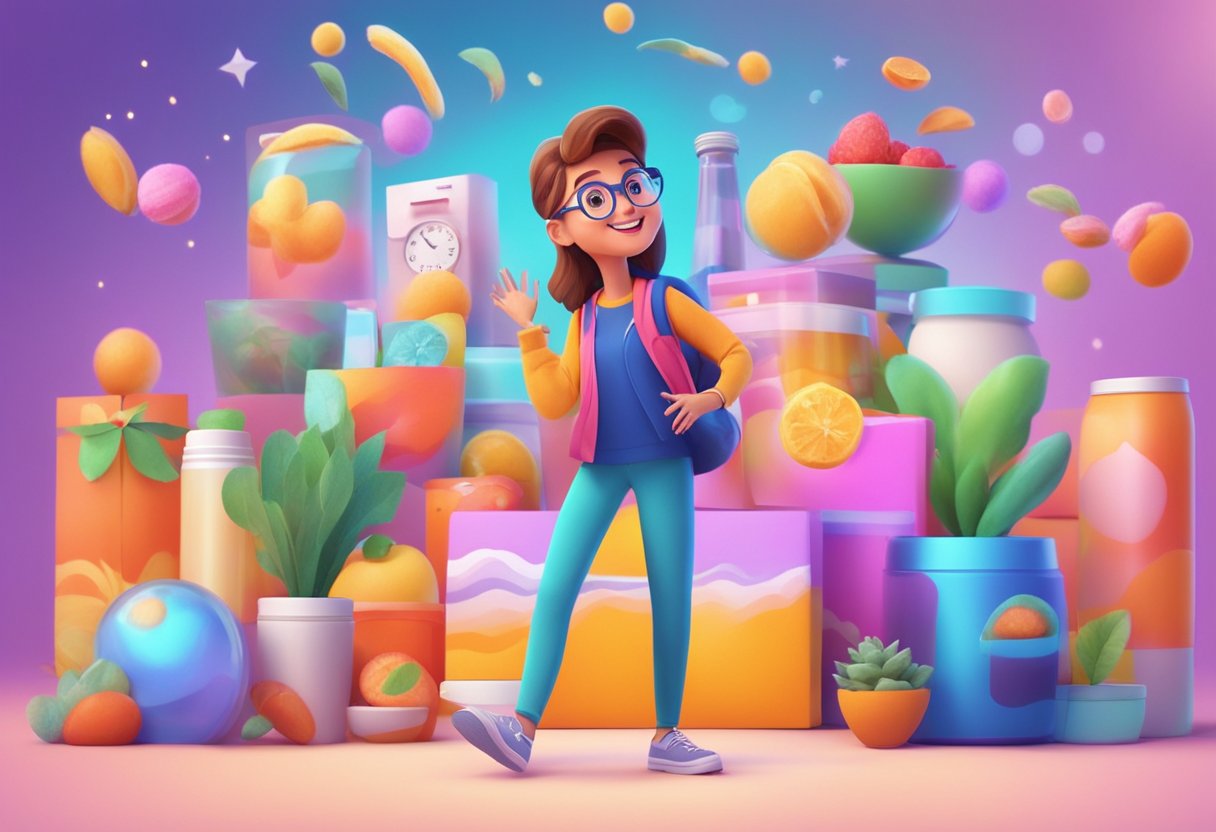 A colorful animated character interacts with various products, while dynamic graphics and transitions highlight the benefits of video advertising