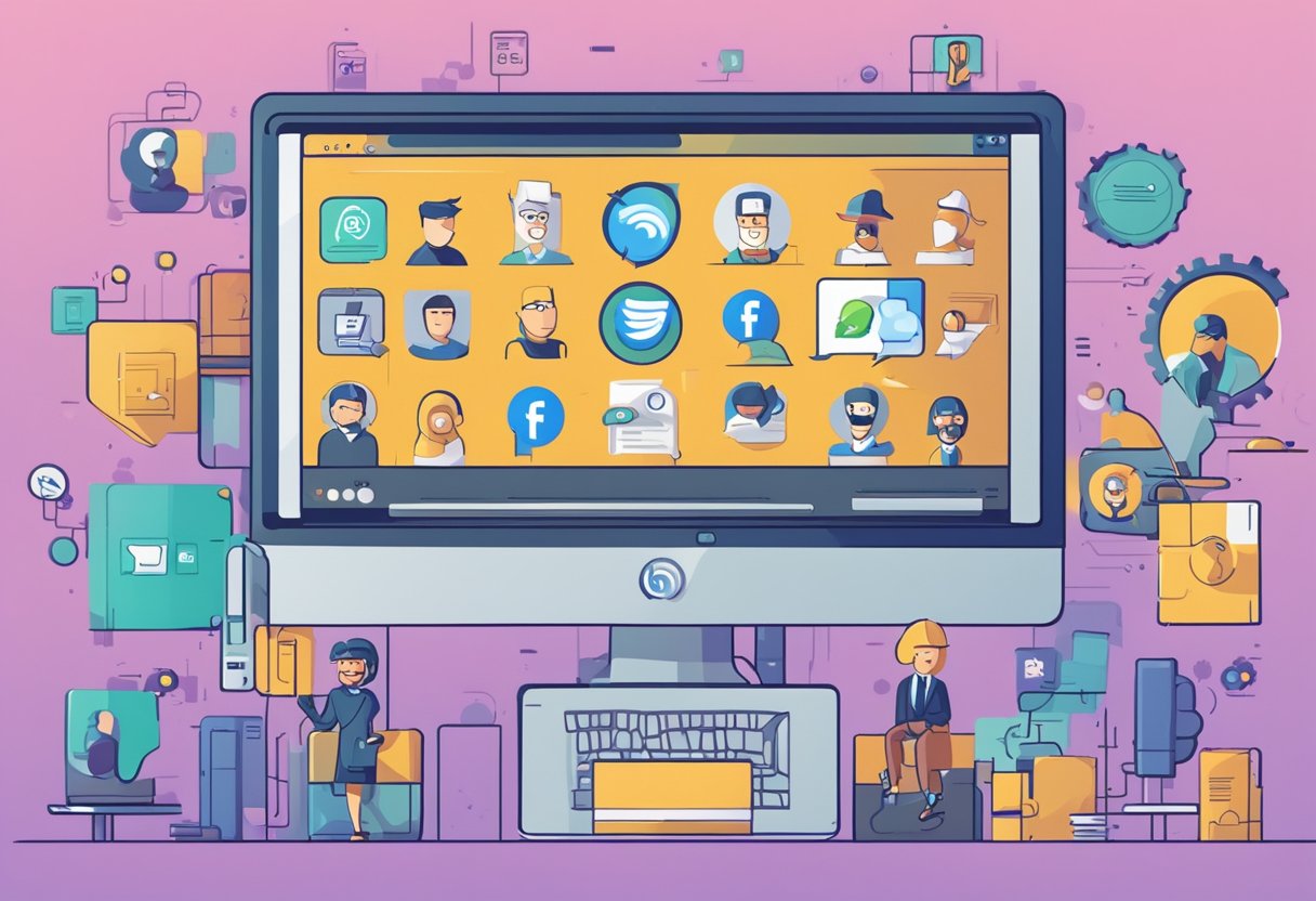A computer screen showing animated characters promoting social media marketing in the UK
