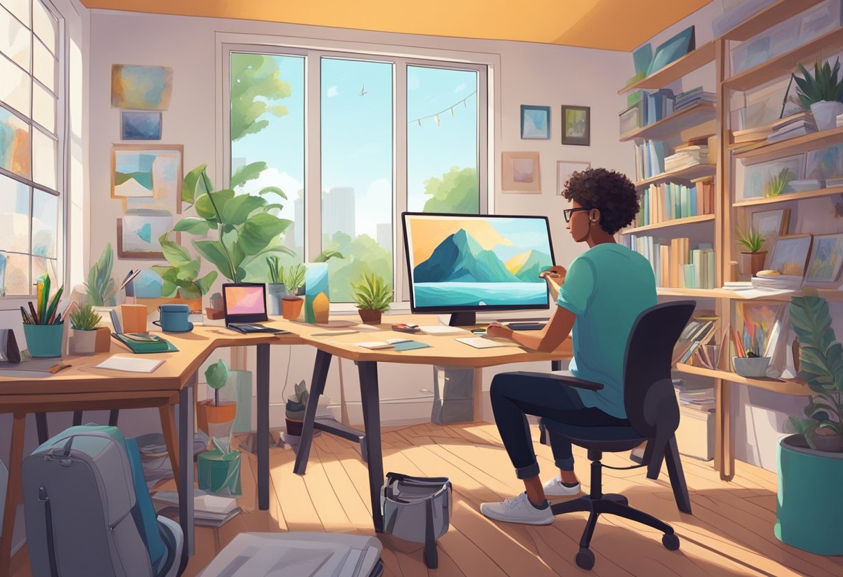 A digital artist sits at a desk surrounded by a computer, drawing tablet, and various art supplies. The room is filled with natural light and colorful artwork on the walls
