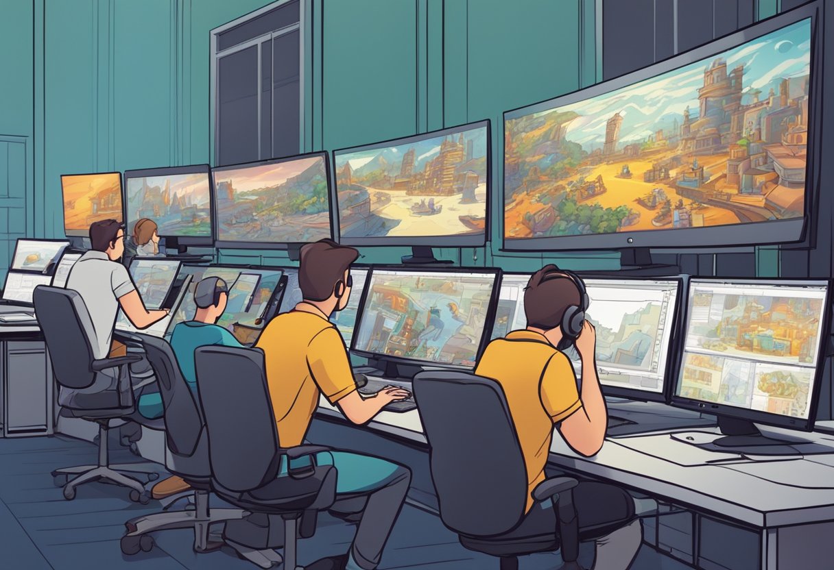 A bustling animation studio filled with artists at work on colorful storyboards and intricate character designs. Computer screens glow with animated scenes in progress