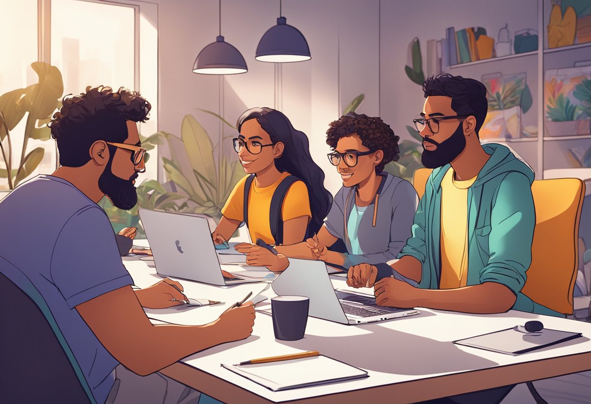 A group of digital animation creators sharing and discussing their animated creations in a vibrant and creative studio space
