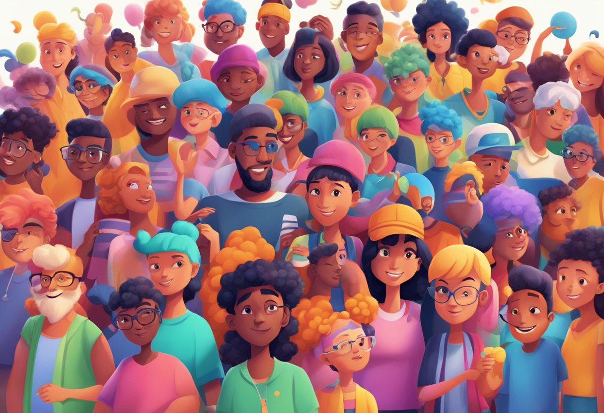 A group of colorful animated characters from different backgrounds coming together in a vibrant and inclusive setting