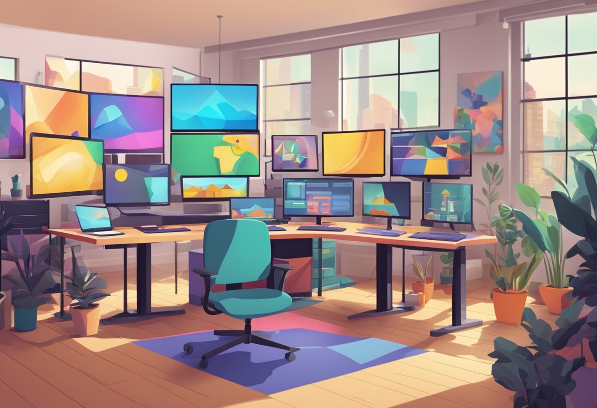 A colorful and dynamic animation studio with various characters and scenes coming to life on computer screens