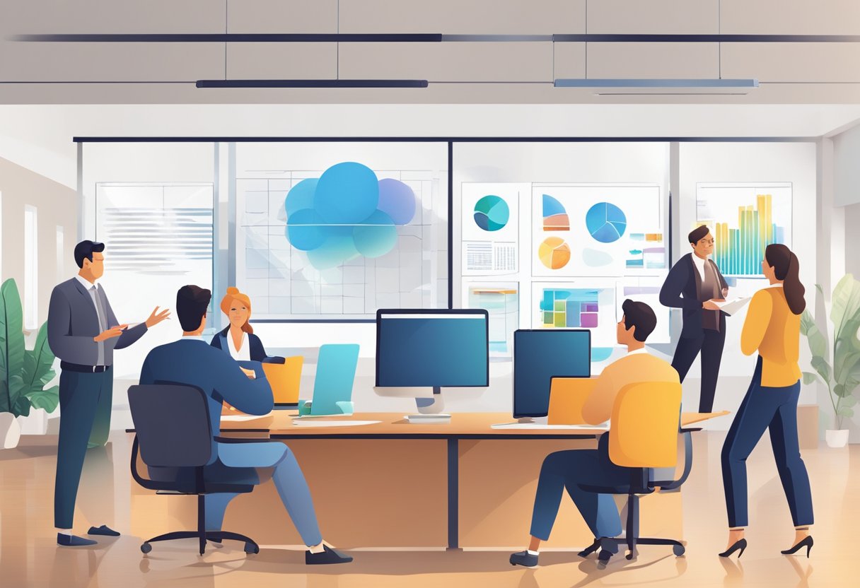 A modern office setting with a large screen displaying educational content. A group of professionals engaged in a discussion