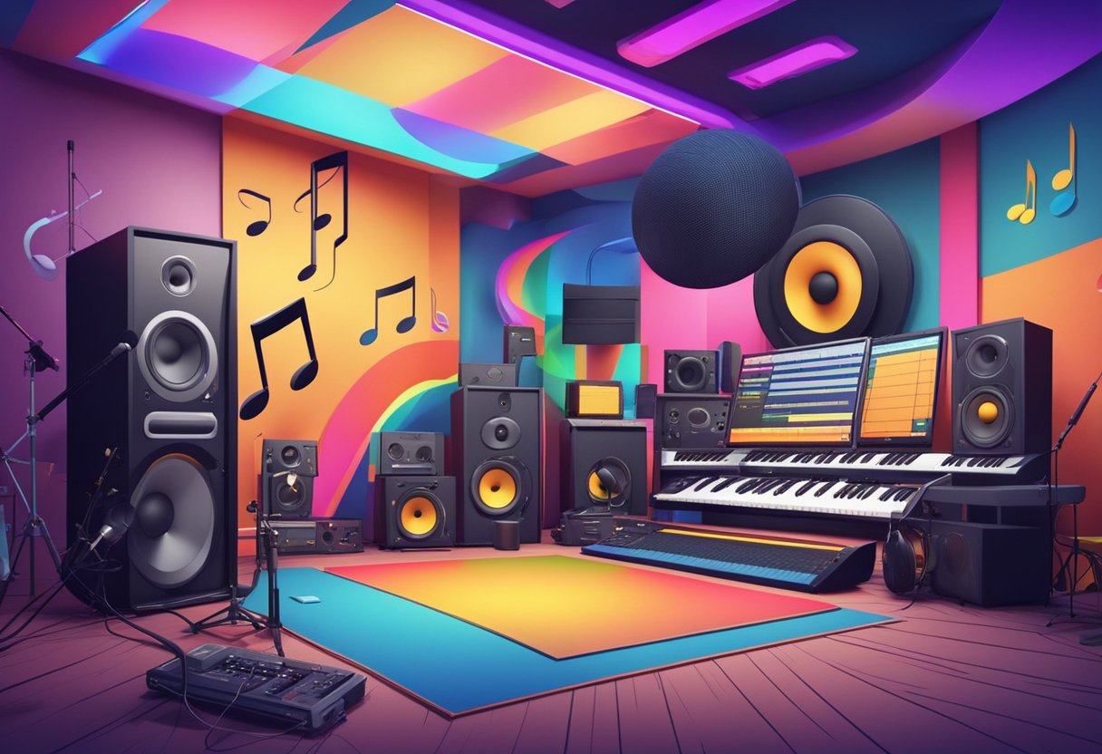A colorful animated studio with musical notes and voiceover waves intertwining in the air, surrounded by sound equipment and recording gear