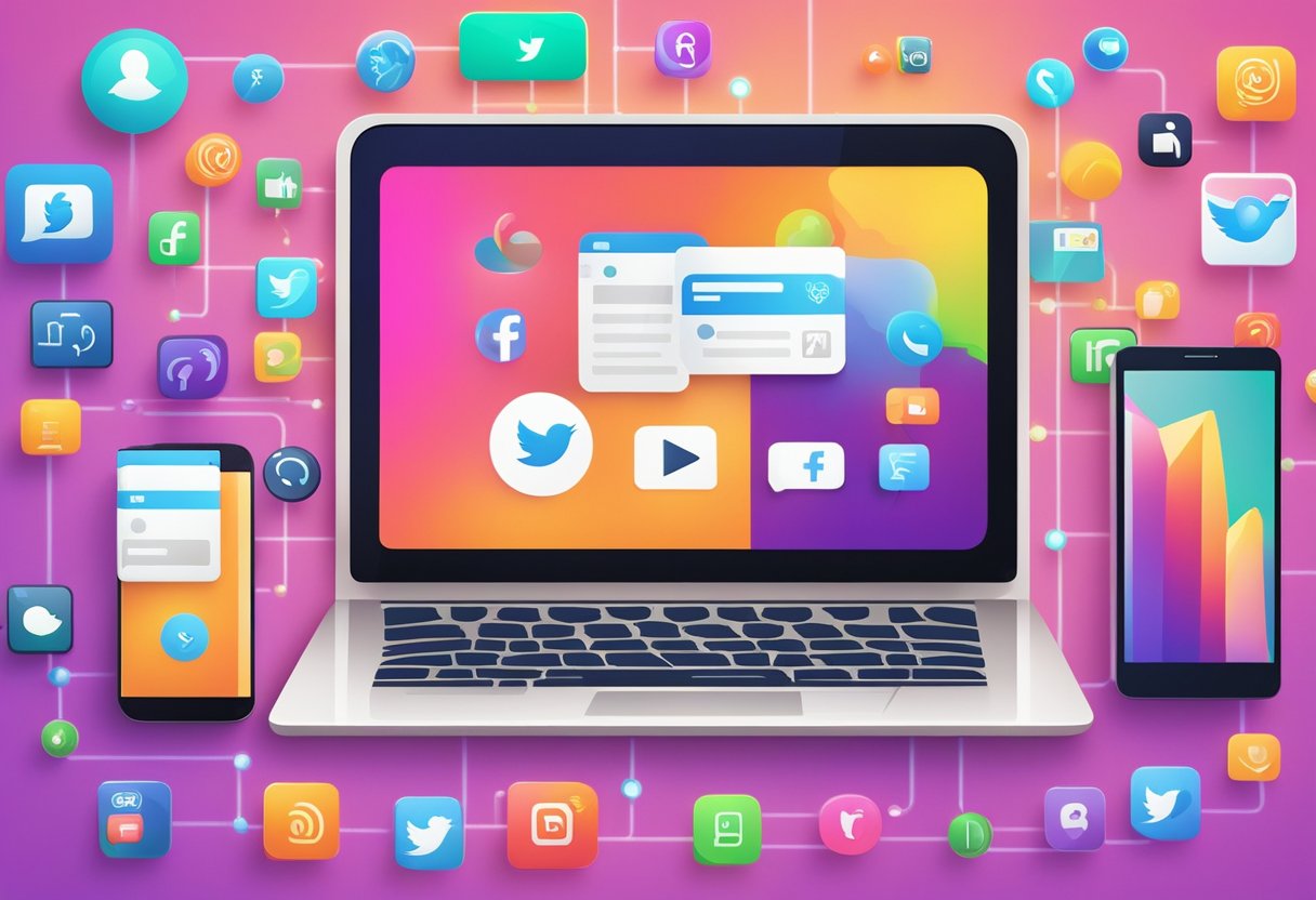 A laptop, tablet, and smartphone surrounded by social media icons and symbols, all emitting a vibrant glow