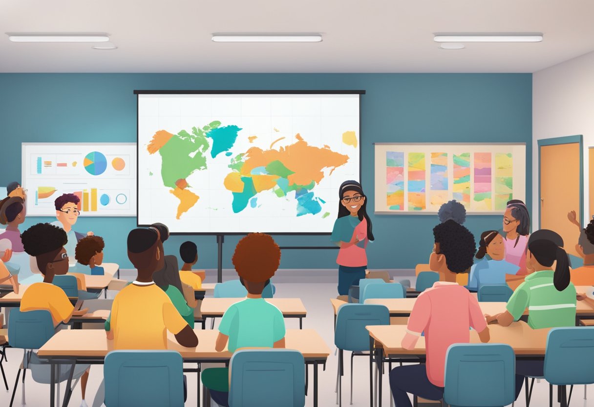A diverse group of students with varying abilities engage with an educational animation on a large screen in a classroom setting
