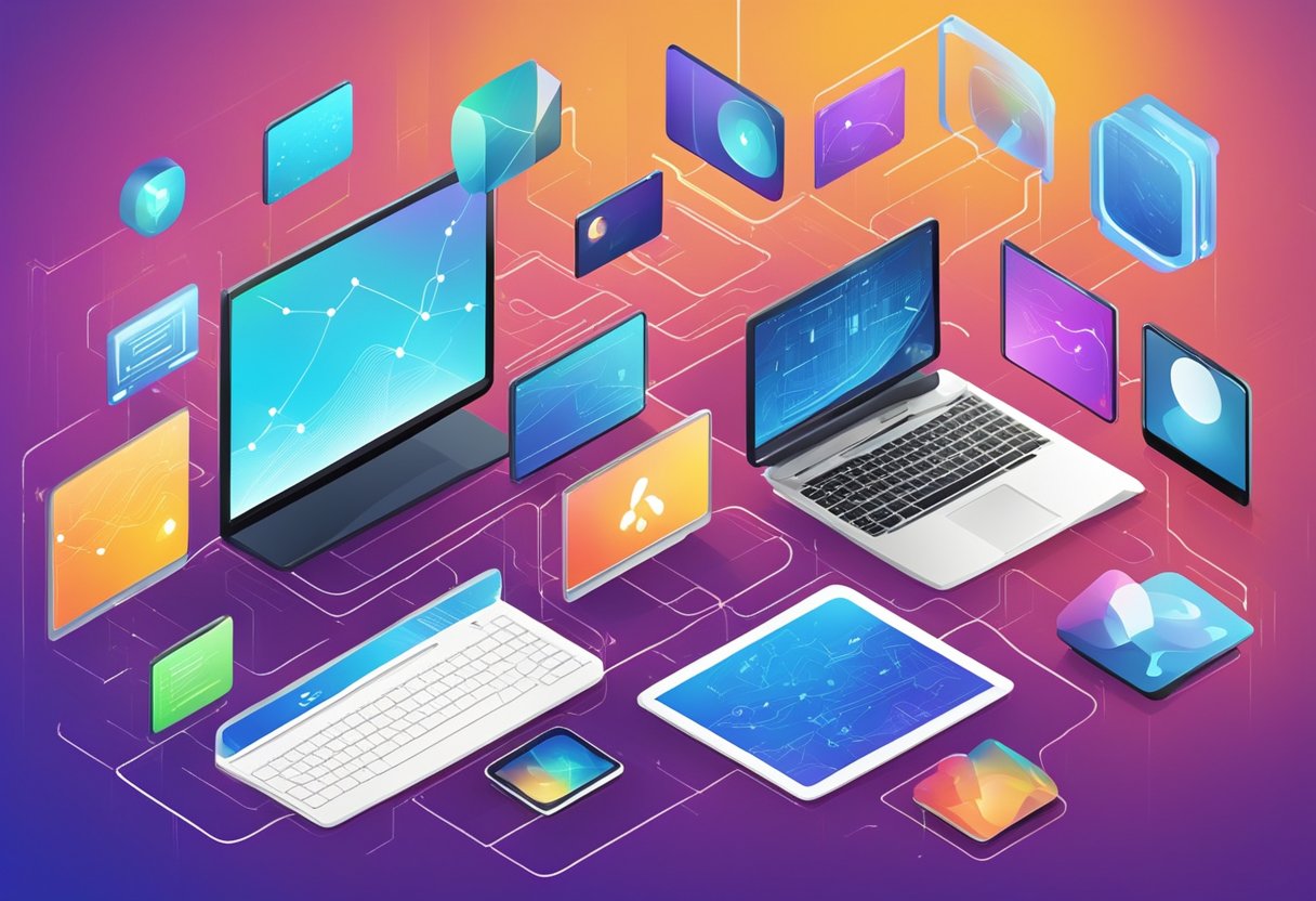 A vibrant digital landscape with interconnected devices and educational content displayed on screens, surrounded by a dynamic flow of data and information