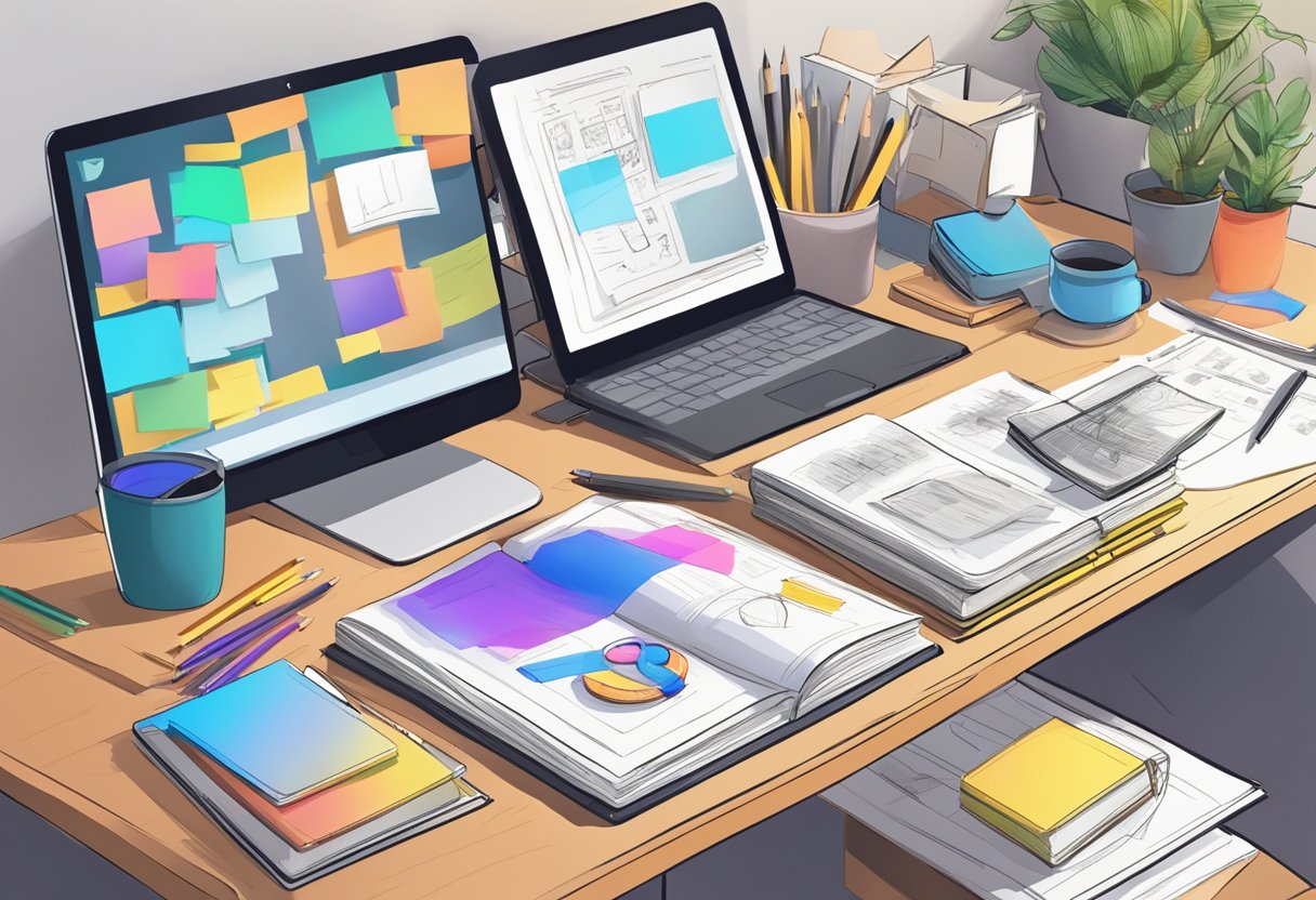 A desk with a computer, tablet, and stylus surrounded by colorful sketches and notes. A digital drawing pad sits next to a stack of reference books