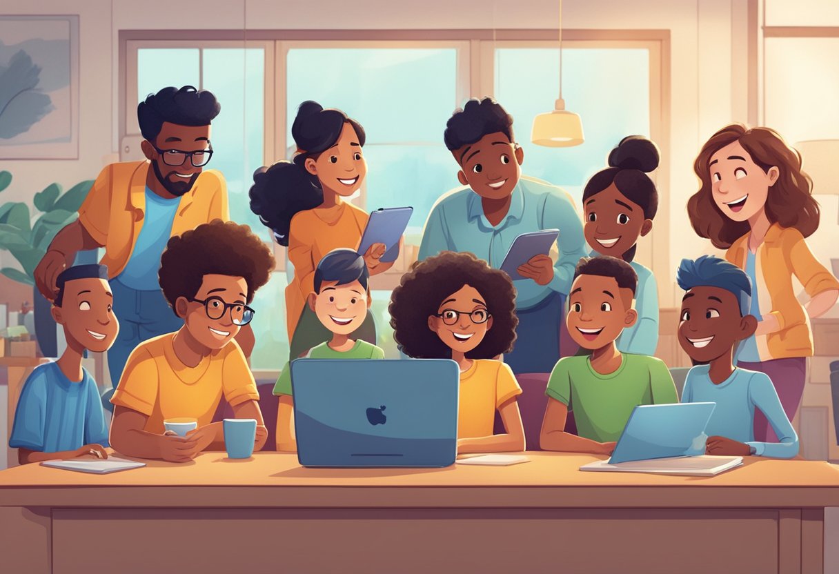 A group of diverse cartoon characters engaging with interactive educational animations on a digital device