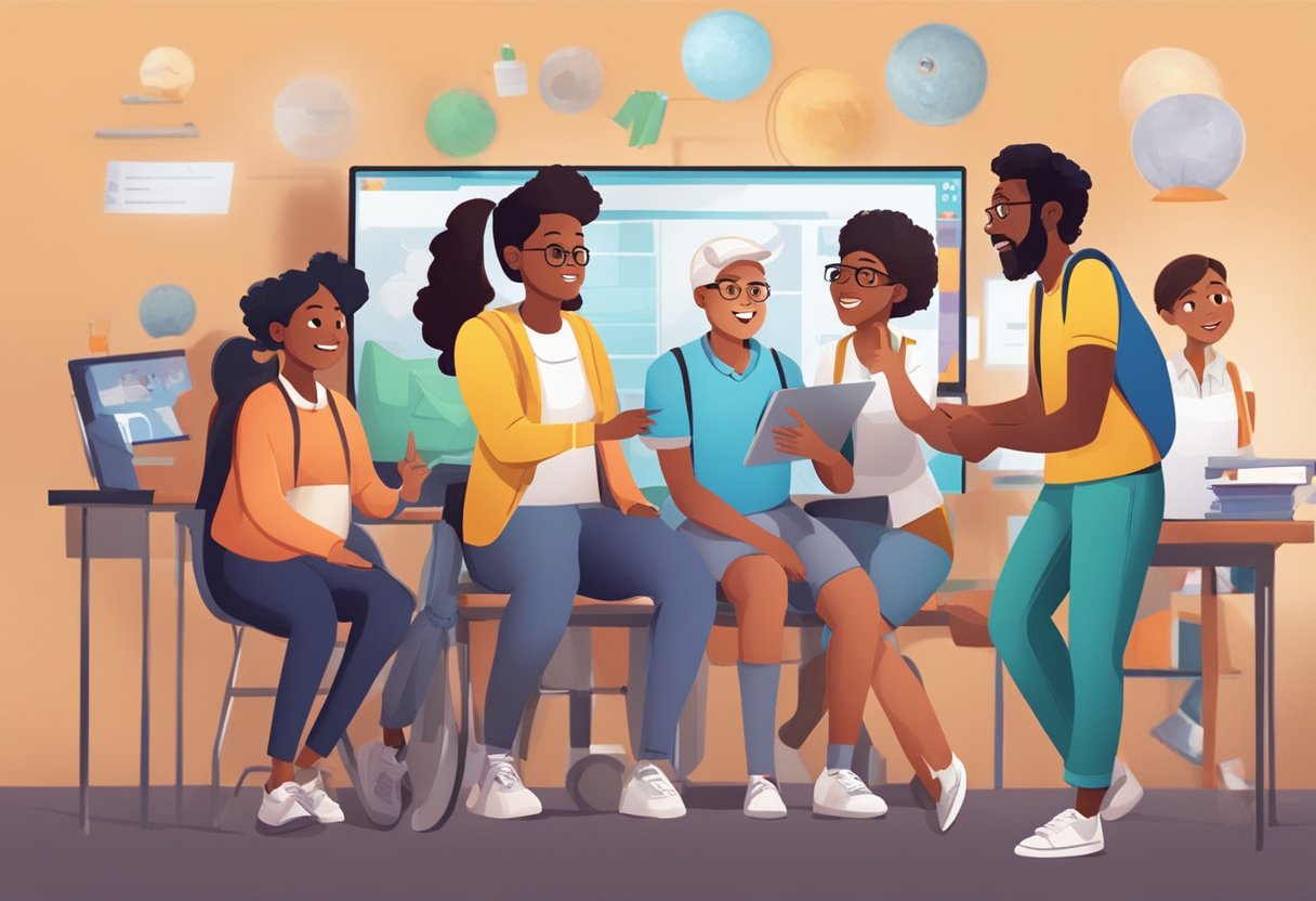 A group of diverse characters engage with interactive educational animations, displaying curiosity and excitement as they learn through entertainment