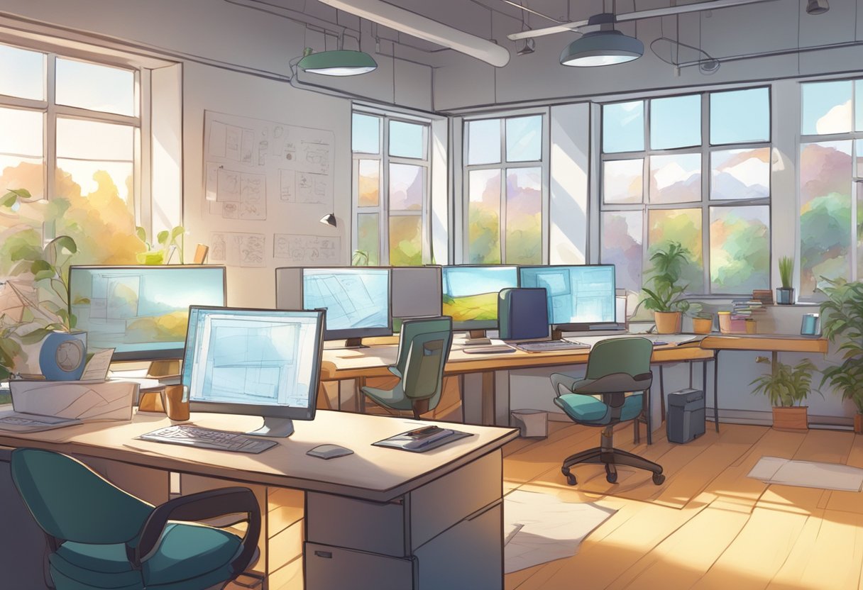 A colorful animation studio with computers, drawing tablets, and a whiteboard full of sketches and notes. Bright natural light streams in through large windows