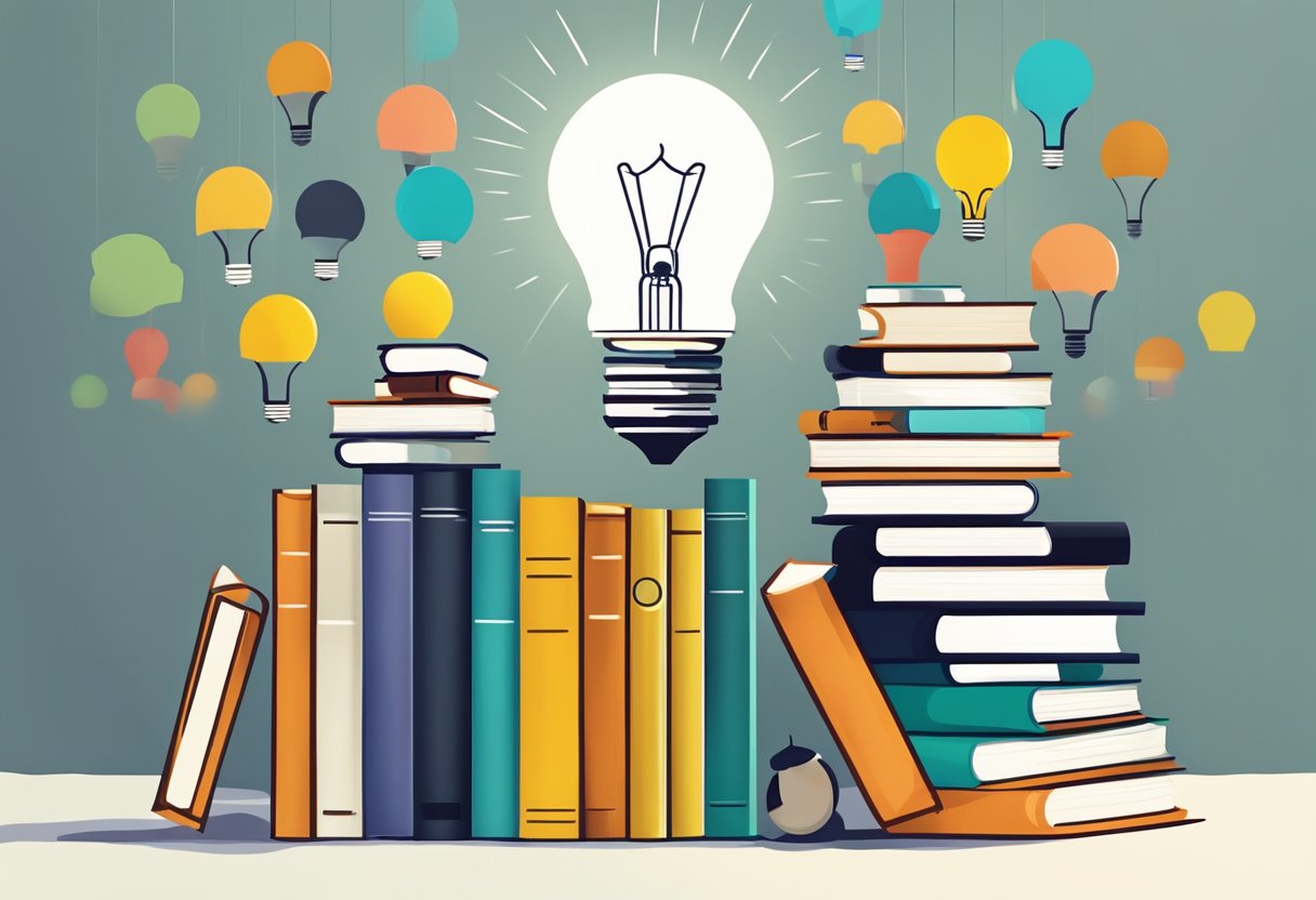 A stack of colorful books with question marks floating above them. A lightbulb illuminates the scene, symbolizing insight and knowledge