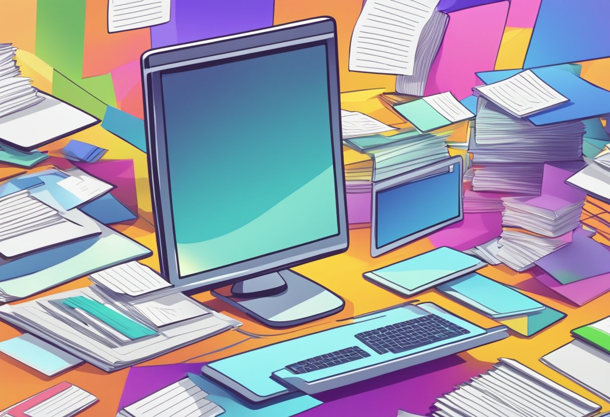 A stack of colorful FAQ cards swirling around a computer screen with animated revision tools
