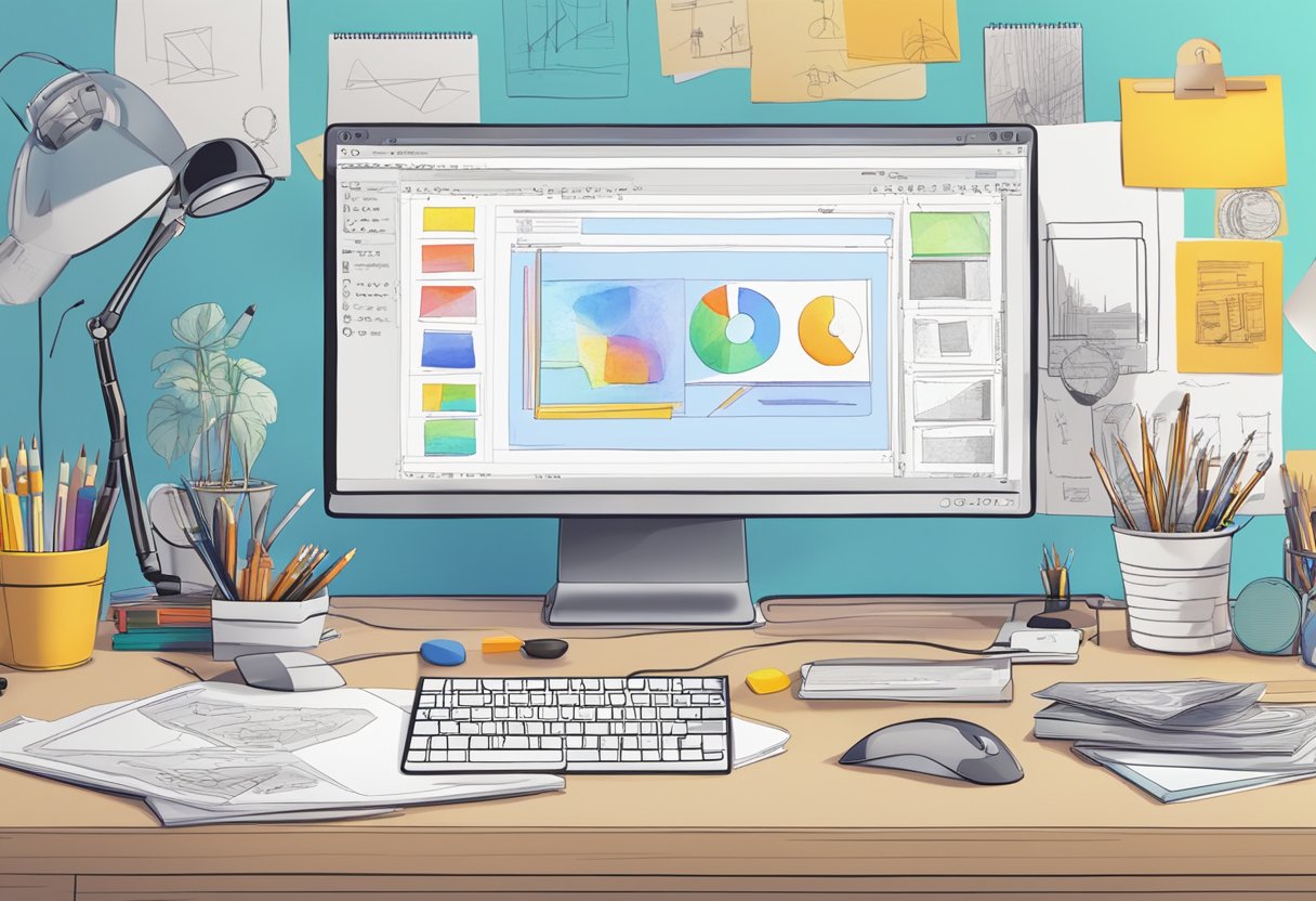 A computer with animation software open, surrounded by colorful sketches and reference materials