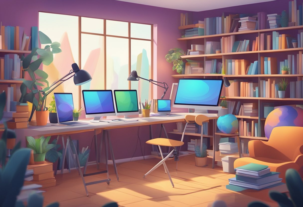 A colorful animation studio with computer screens, drawing tablets, and creative tools, surrounded by books and educational materials