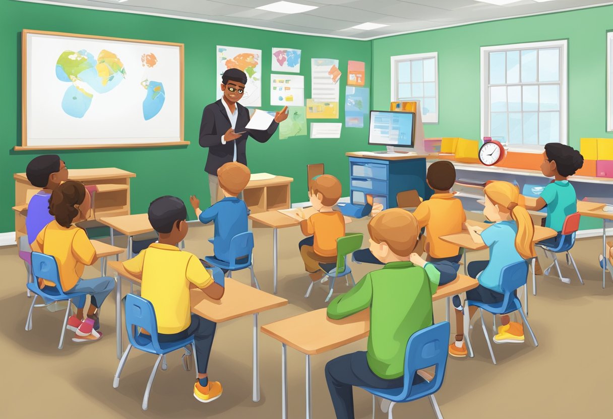 A classroom setting with animated characters engaging in problem-solving activities