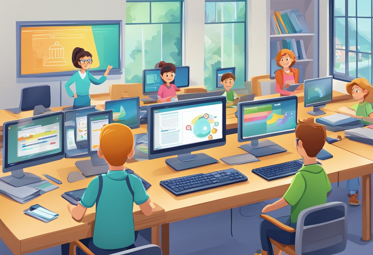 A computer screen displaying animated characters and interactive learning activities