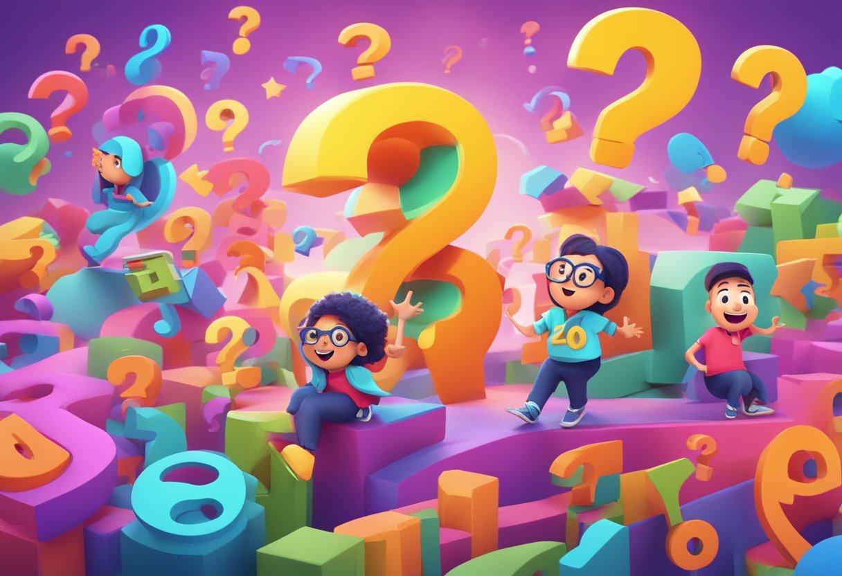 Colorful animated characters interact with question marks and educational symbols in a vibrant, dynamic setting