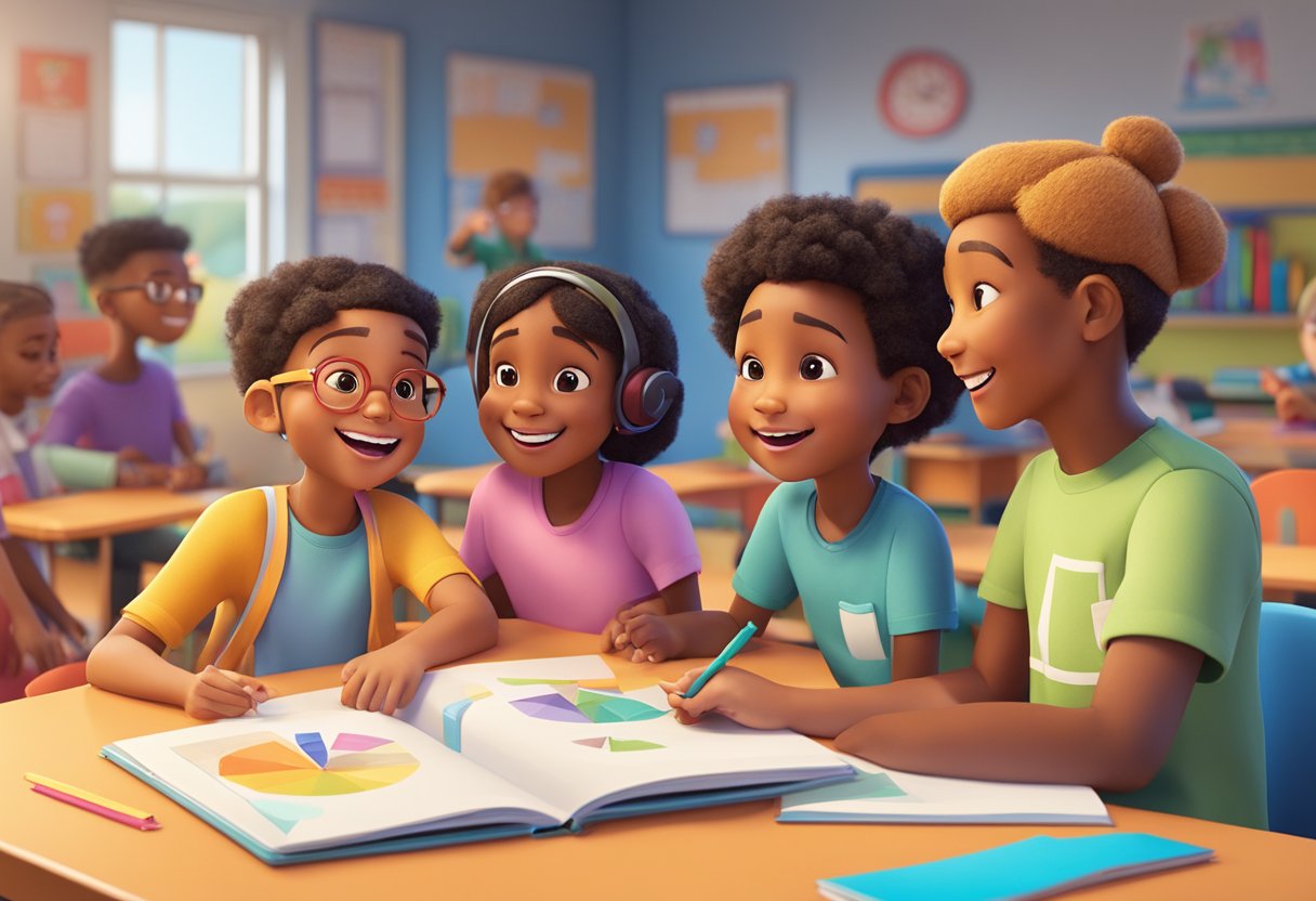 A diverse group of animated characters interact with engaging learning materials in a vibrant, interactive classroom setting