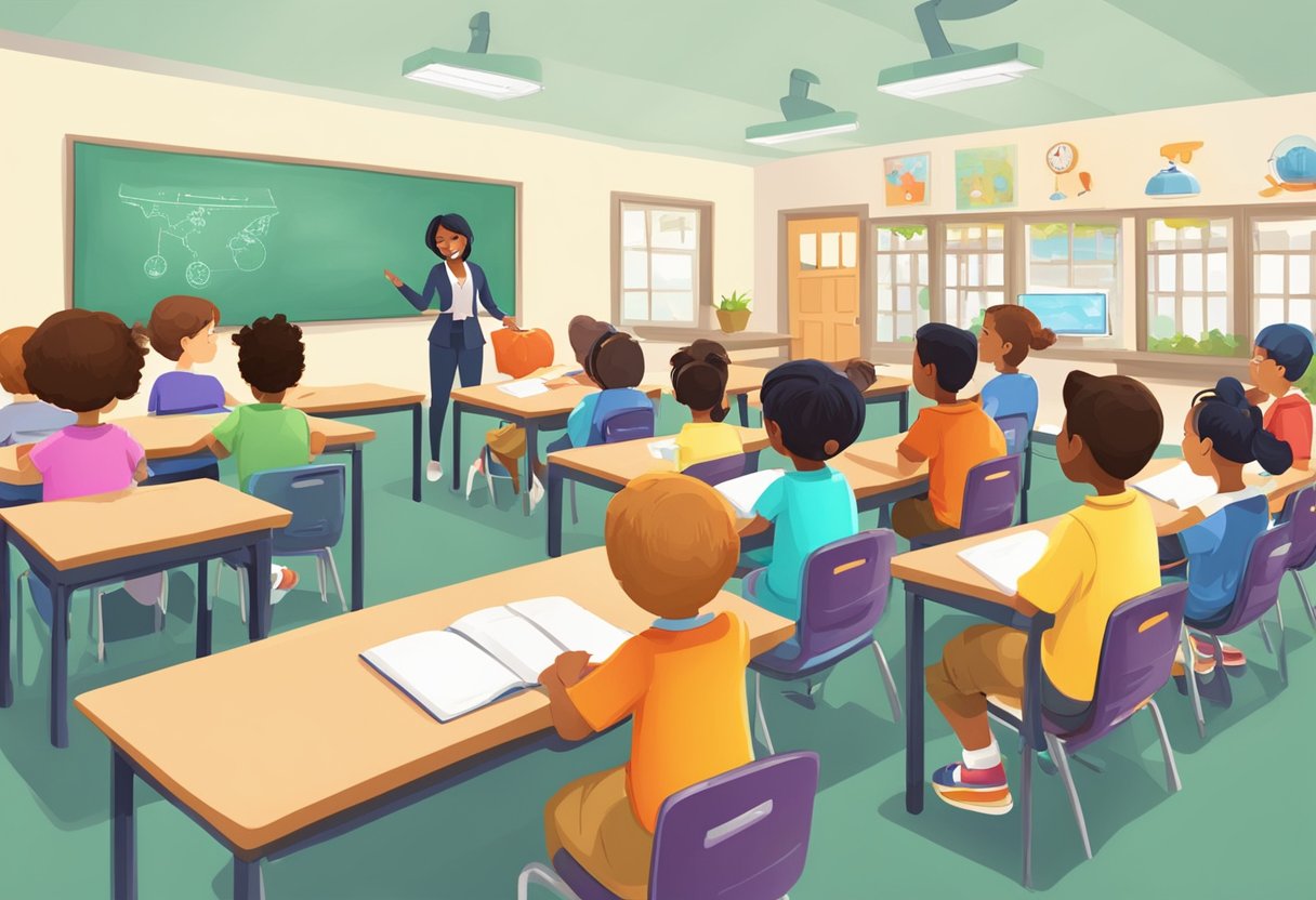 A classroom scene with animated characters engaging students in interactive learning activities