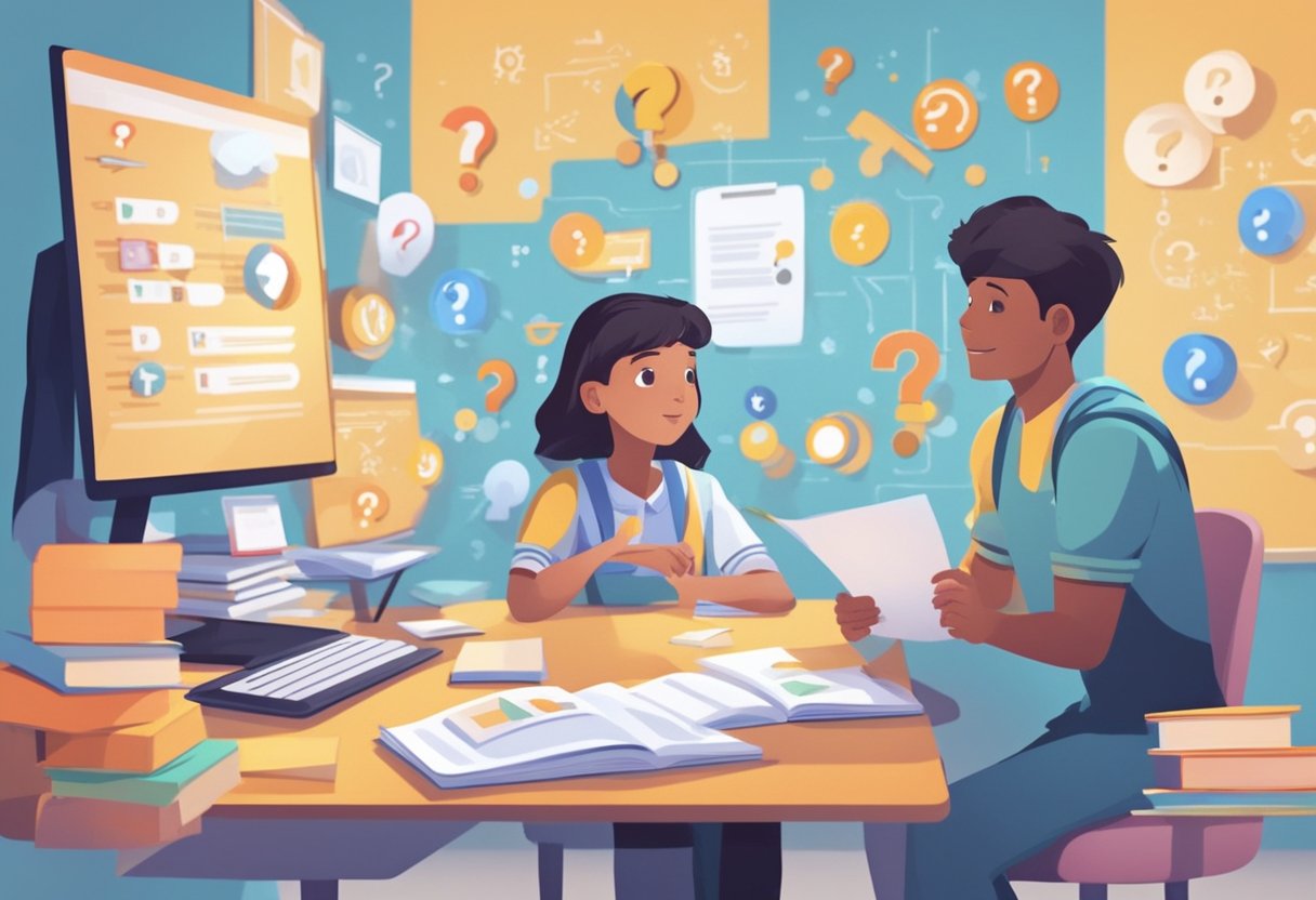 An animated character interacts with question marks, surrounded by educational symbols and progress indicators