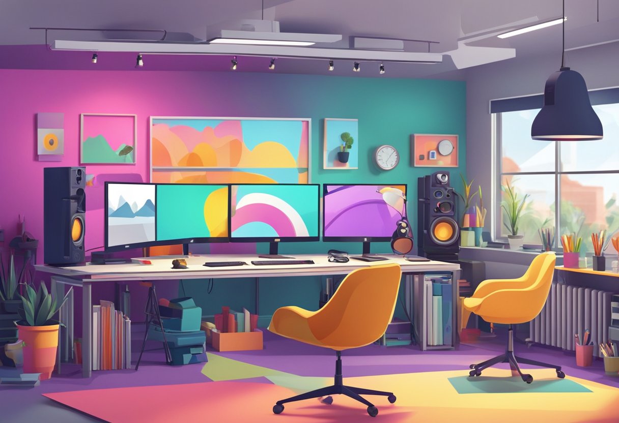 A colorful and modern animation studio with various workstations and creative materials
